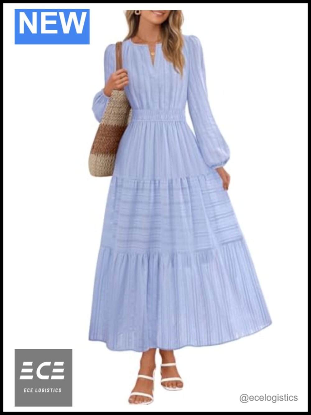 Womens Puff Long Sleeve V Neck Midi Maxi Dress Casual Modest